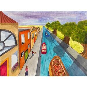 Hand painted watercolor original painting canal scene 12x9”